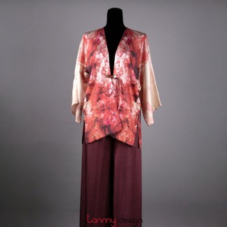 Áo Kimono dáng ngắn mẫu Hoa lan Đỏ